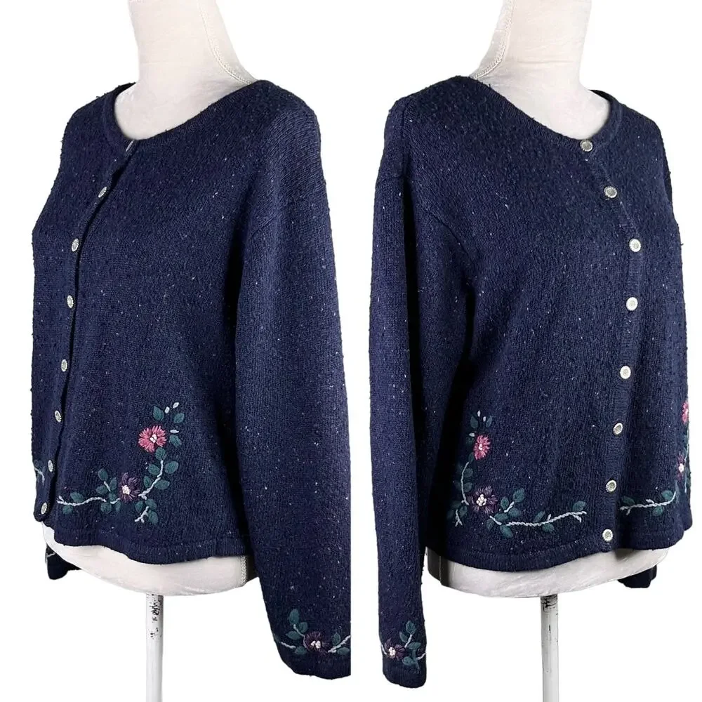 Northern Reflections Sweater Cardigan Large Navy Pink Floral L